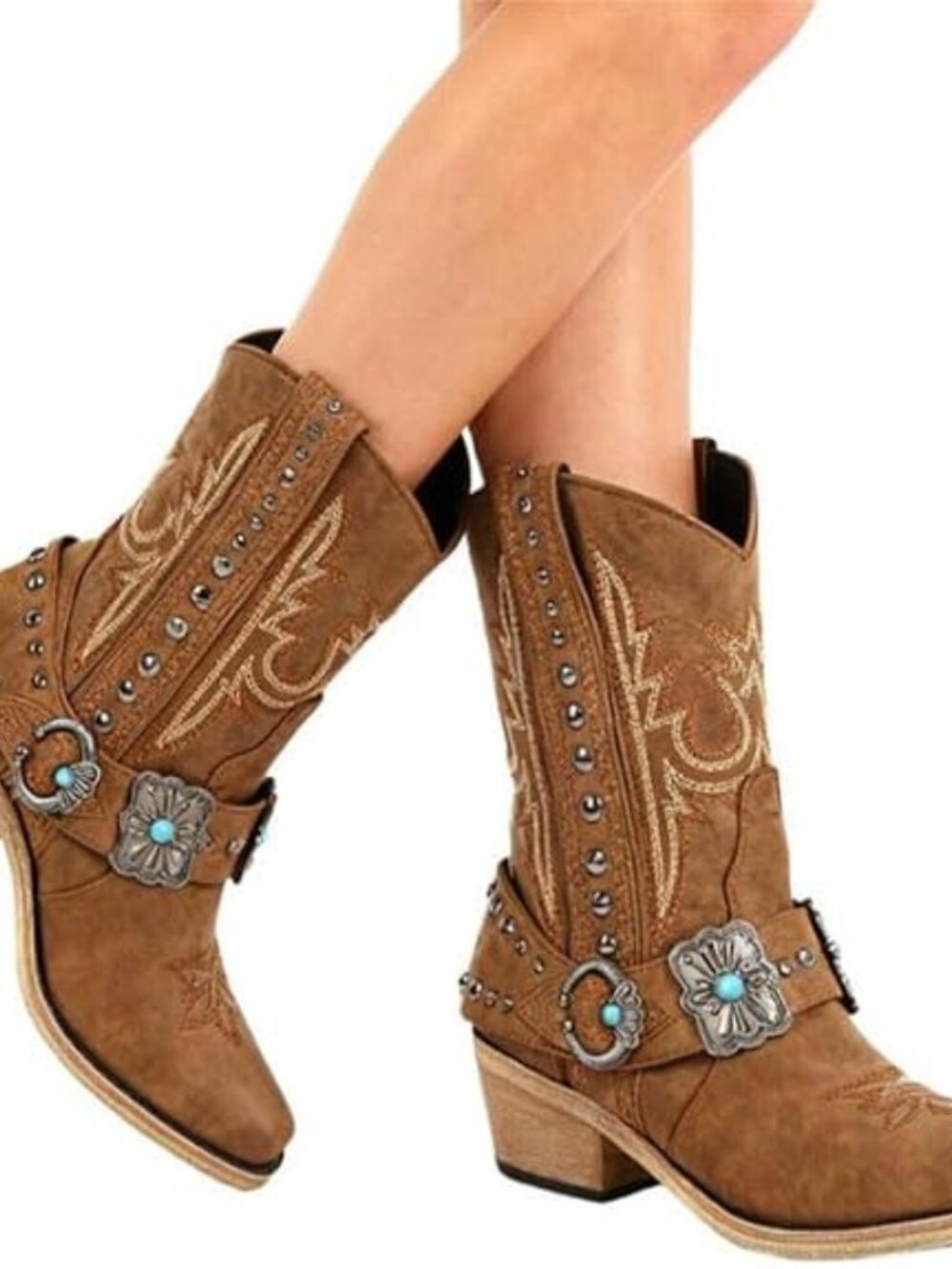 Women's Brown Ankle High Block Heel Pointed Toe Cowboy Rodeo Concert Boot - Picture 5 of 6